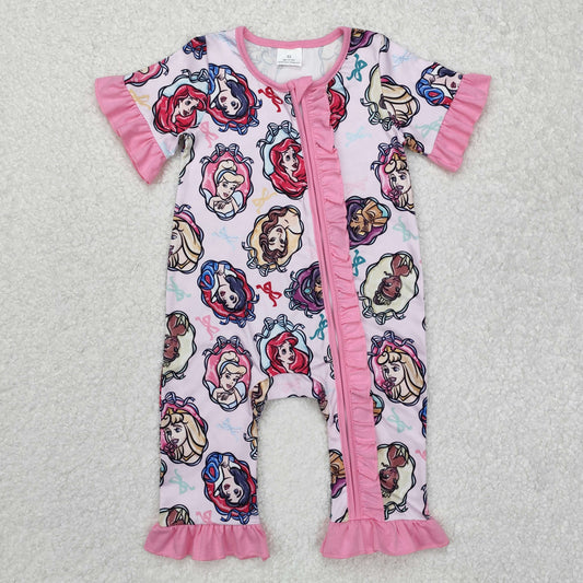 SR2309 Princess Colorful Bow Pattern Pink Lace Zipper Short Sleeve Bodysuit