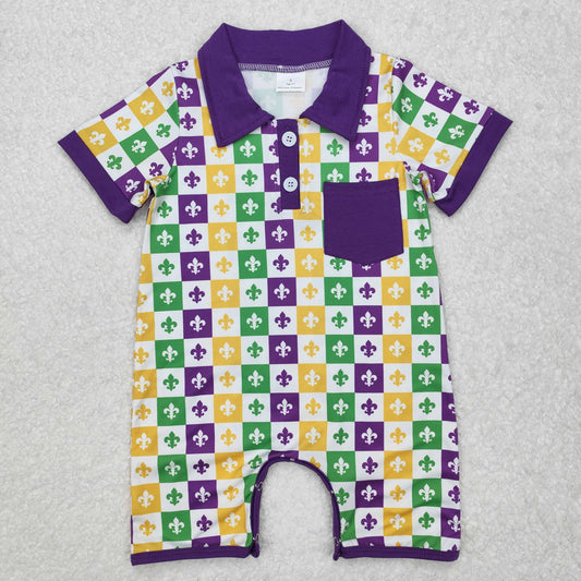 SR2385  Mardi Gras Plaid Purple Pocket Short Sleeve Bodysuit