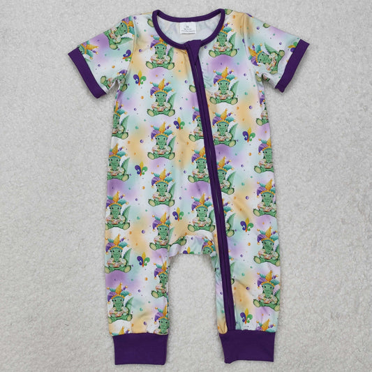 SR2398  Mardi Gras Croc Purple Zip-Up Short Sleeve Bodysuit
