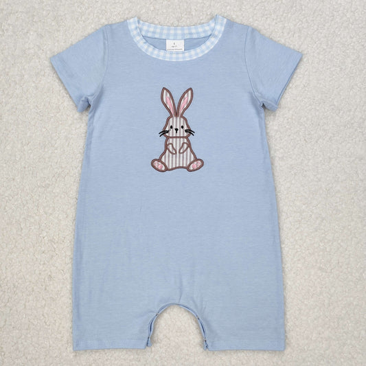 SR2404  Baby Infant Boys embroidery Blue Easter Rabbit Short Sleeve Rompers  D 3.10