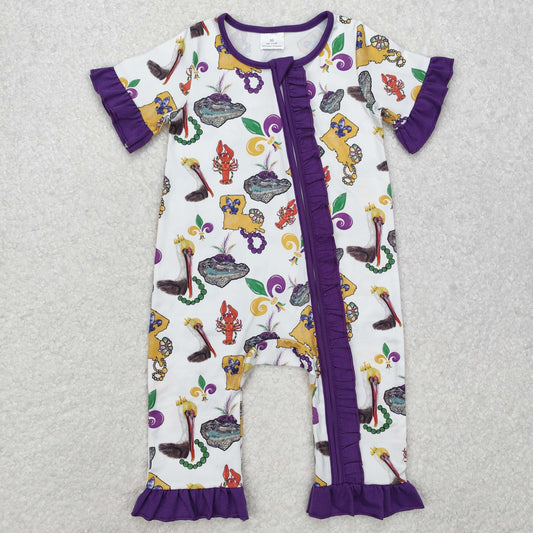 SR2422 Carnival Animal Lace Purple and White Zipper Short Sleeve Bodysuit