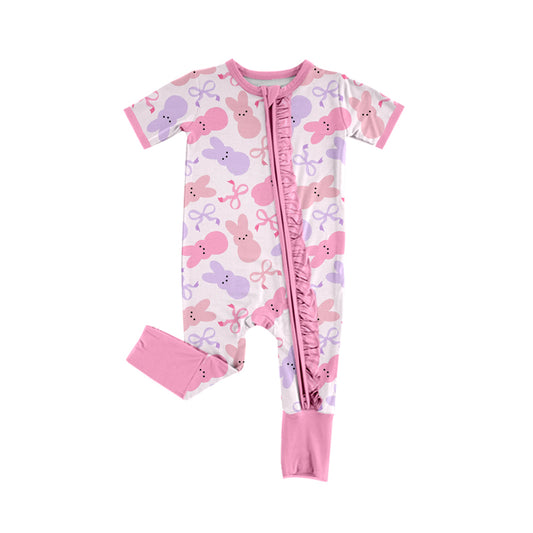CUSTOM  Easter Bunny Bow Pink Lace Zipper Short Sleeve Bodysuit  D 5.20