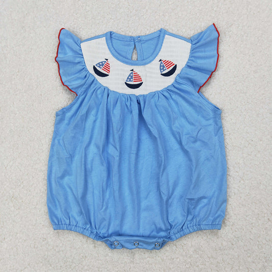 SR2573   Sailboat Flag Embroidery Blue Baby Girls 4th of July Smocked Bubble Romper D 3.31