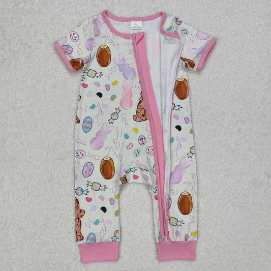 SR2712 Baby Infant Girls Pink Easter Rabbits Zip Rompers  D 3.6