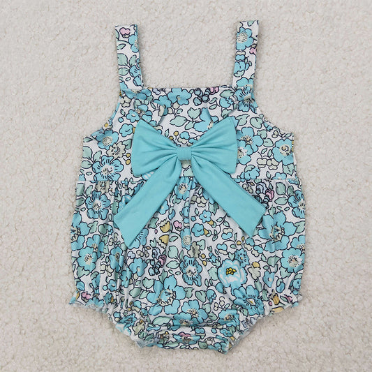SR2829 Baby Infant Girls Blue Flowers Big Bow Rompers  D 3.31