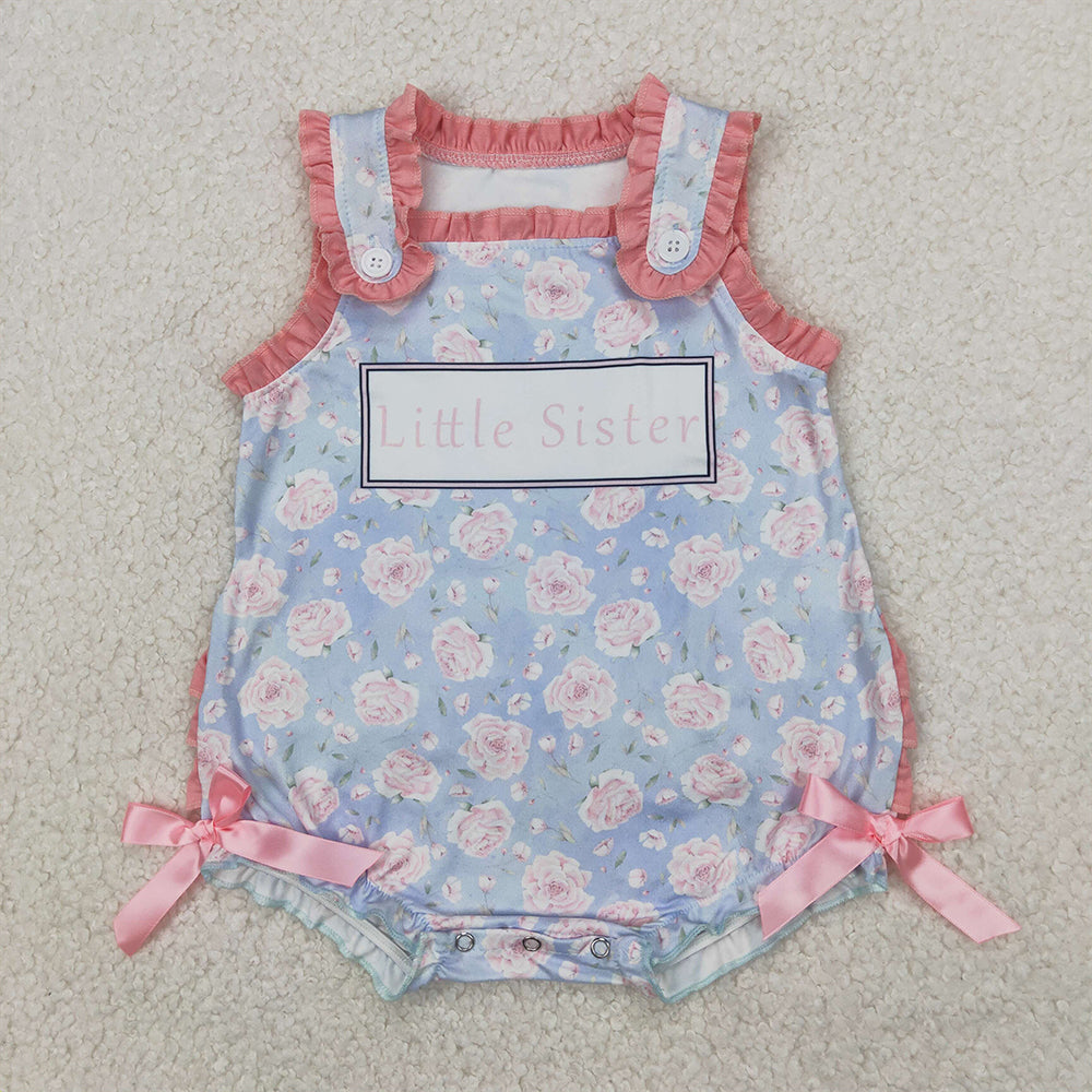 SR2911 Baby Infant Girls Pink Ruffle Sleeveless Little Sister Floral Rompers D 4.4