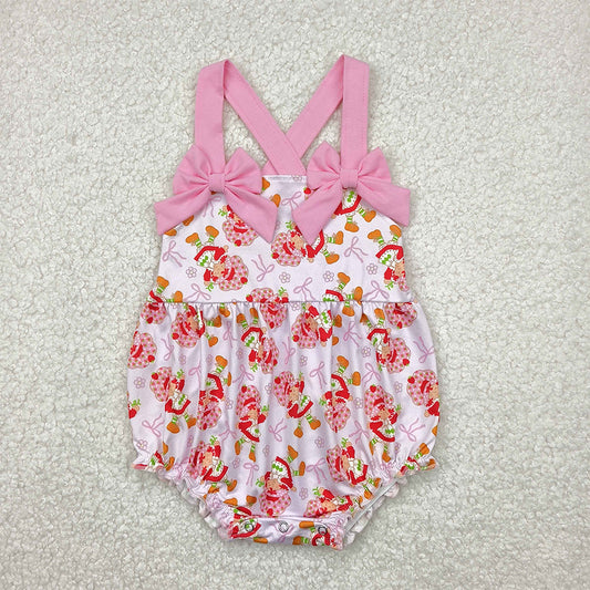 SR2933  Baby Infant Girls Pink Bows Strap Bows Strawberry Ruffle Rompers D 4.16