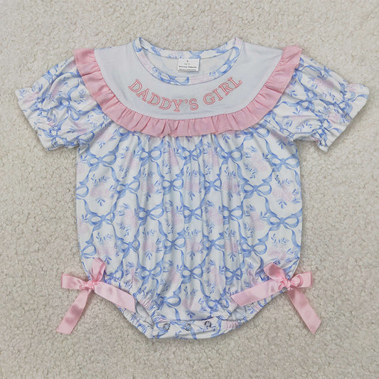 SR2944  Baby Infant Girls Short Ruffle Sleeves Blue Bows DADDY'S GIRL Ruffle Rompers D 4.1