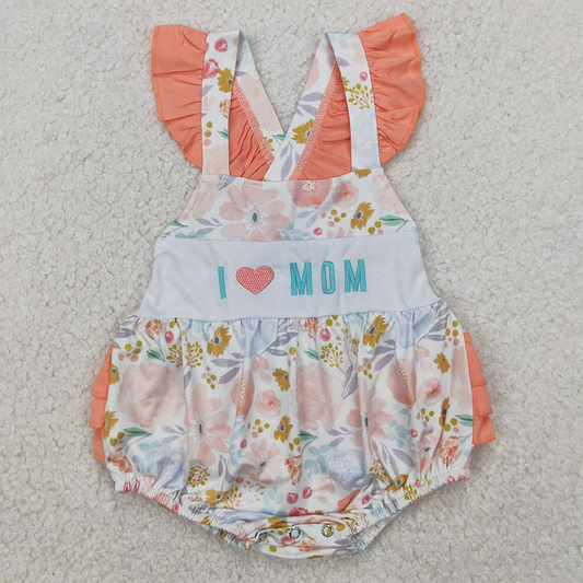 SR2948 Baby Infant Girls Orange Flutter Sleeves I LOVE MOM Floral Ruffle Rompers  D 3.31
