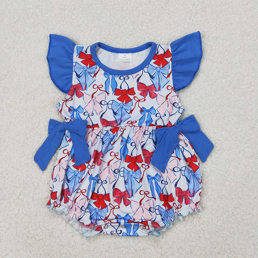 SR2954  Baby Infant Girls Flutter Sleeves Blue Hot Bows 4th Of July Ruffle Rompers D 3.31