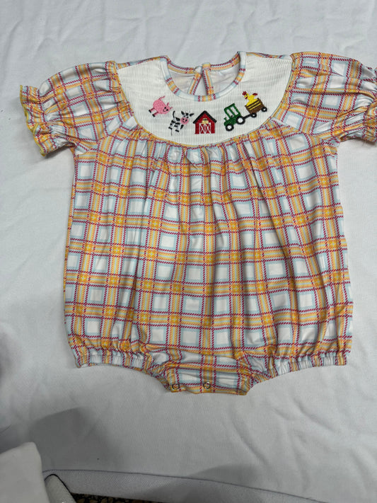 presale SR2982  Baby Infant Girls Orange Plaid Cows Farm Smocked Rompers  D 5.16
