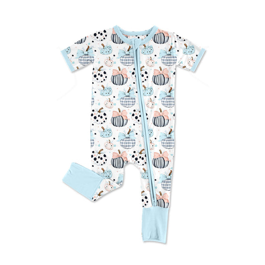 presale SR3109  Baby Infant Girls Blue Short Sleeves Bows Pumpkins Zipper Rompers D 5.9