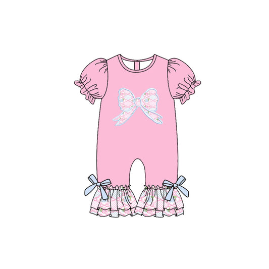 presale SR3113  Baby Girls Pink Short Ruffle Sleeves Floral Bows Pant Rompers D 5.23