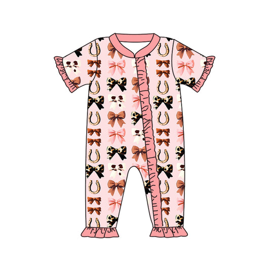 presale SR3116 Baby Girls Pink Short Ruffle Sleeves Bows Horse Shoes Zipper Rompers D 5.23