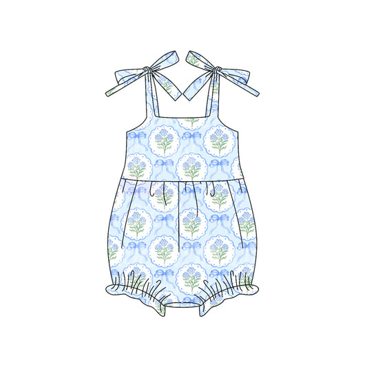 presale SR3117 Baby Girls Blue Strap Bows Flowers Plaid Ruffle Rompers D 5.24