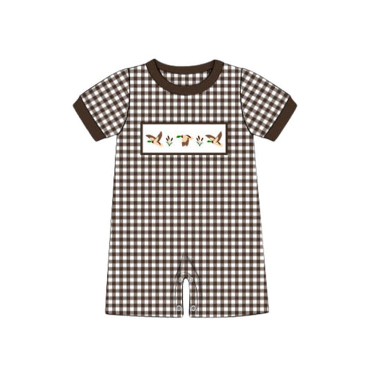 presale SR3164  Baby Boys Brown Plaid Short Sleeves Ducks Short Rompers D 6.9