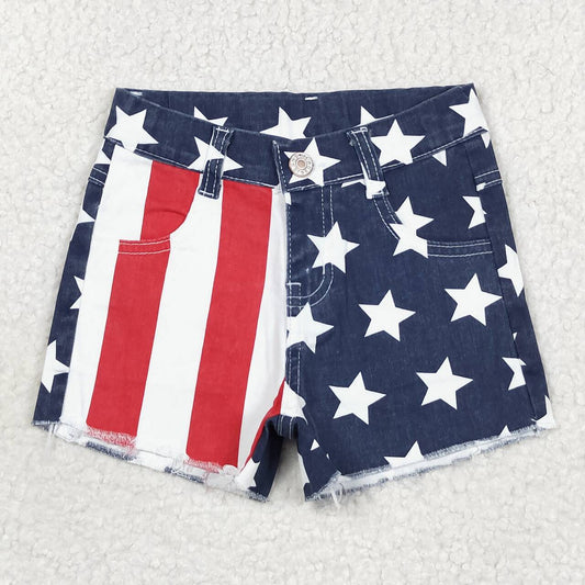 SS0168 Red and white striped star blue patchwork denim shorts D 5.6