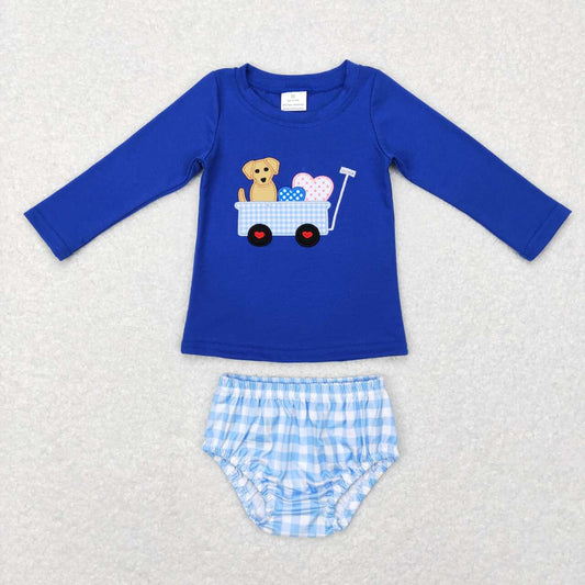 GBO0192 Embroidered love dog sapphire blue long-sleeved plaid briefs set