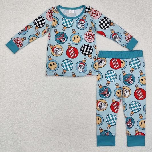 BLP0992 Bamboo Christmas light ball smiley face green long-sleeved trousers pajamas set