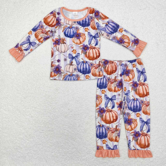 GLP1619  Bamboo Pumpkin Orange Lace Purple Stripe Long Sleeve Long Pants Pajama Set