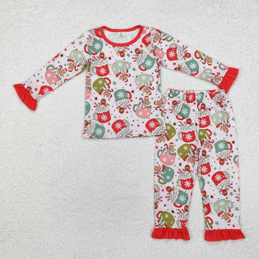 GLP1621  Bamboo Christmas gingerbread man cup red lace long sleeve long pants pajama set