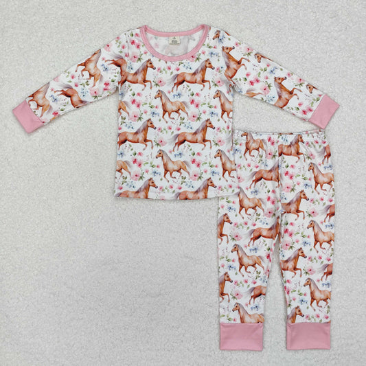 GLP1831  Bamboo Horse flower pink and white long-sleeved trousers pajamas set