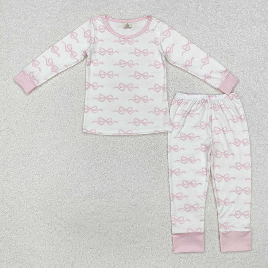 GLP2180 Bamboo Pink bow pattern white long-sleeved trousers pajama set