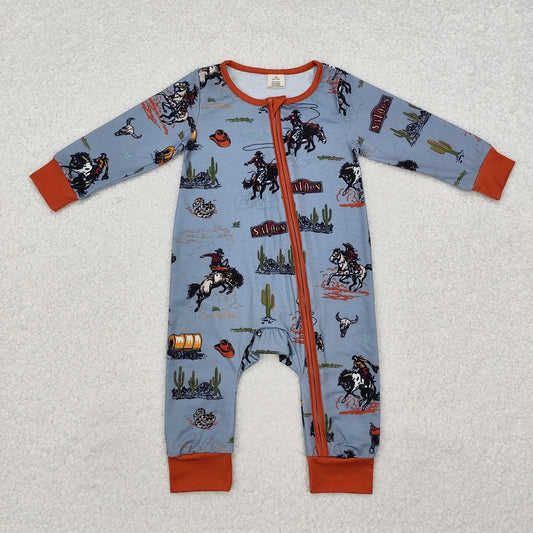LR1858 Bamboo Horseback Cactus Blue Brown Zipper Long Sleeve Bodysuit