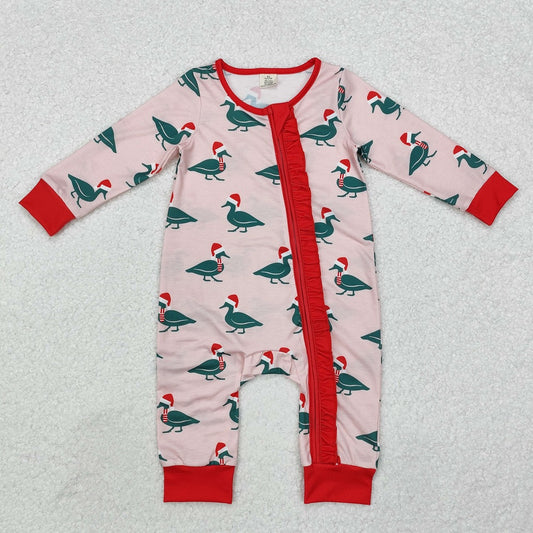 LR1862 Bamboo  Christmas Duck Pink Zipper Long Sleeve Bodysuit