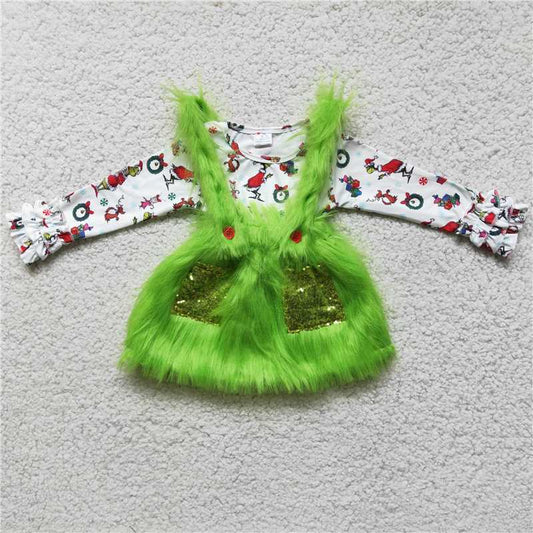 6 C11-39 Girls Long Sleeve Top Green Plush Skirt