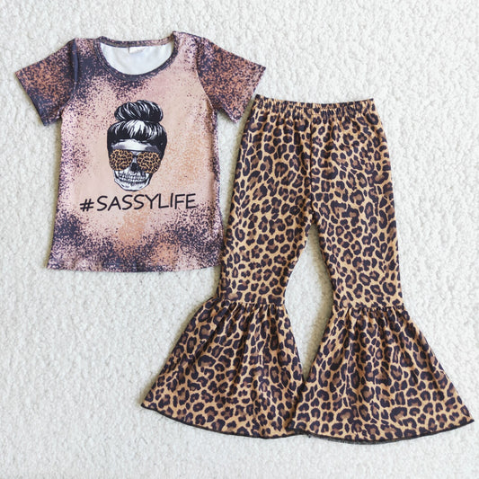 C3-22 Letter Short Sleeve Leopard Print Flared Pants Set