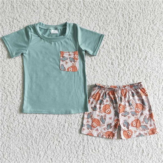 BSSO0043 Boys Light Green Alpine Cow Cactus Pocket Short Sleeve Short