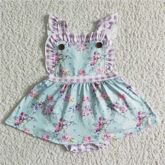 SR0027 New summer Girls Purple Plaid Flying Sleeves Blue Floral Bodysuit
