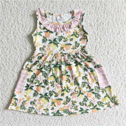 GSD0062 Girls Pink Plaid Pocket Fruit Green Leaf Sleeveless Skirt