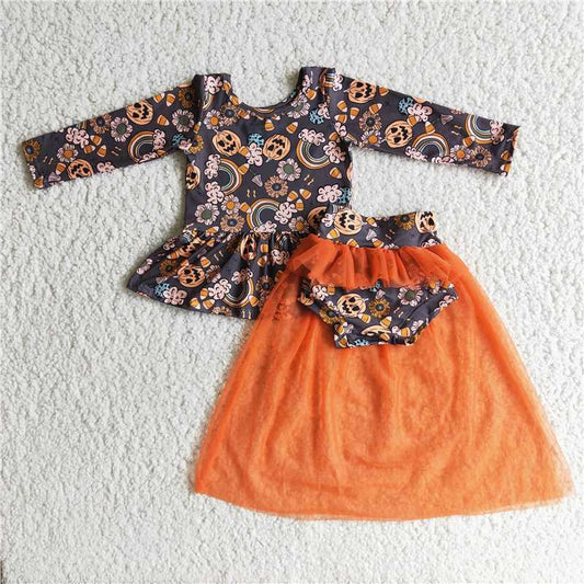 6 C8-1 Halloween Pumpkin Long Sleeve Top Mesh Briefs Set