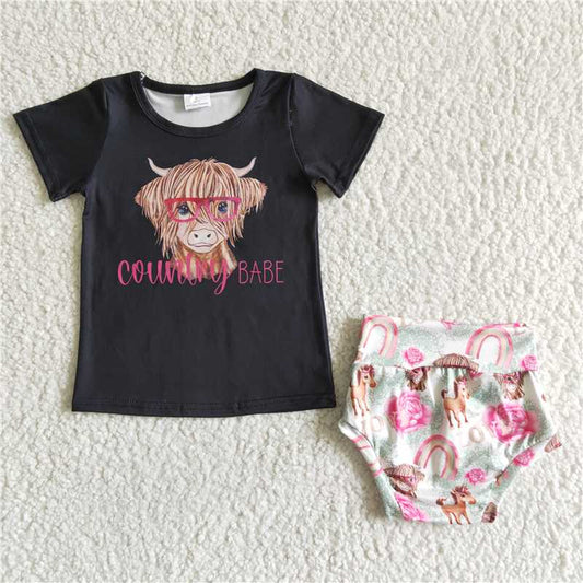 C0-29   Bull Head Black Short Sleeve Thong Suit