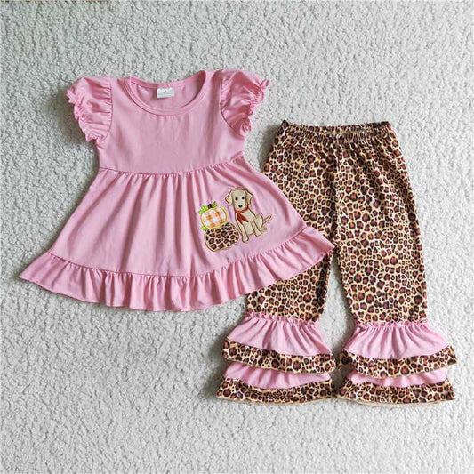 GSPO0135  Girls Embroidered Leopard Pumpkin Dog Pink Suit