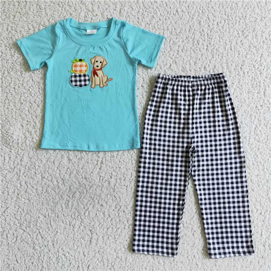 BSPO0017 Boys Embroidered Leopard Pumpkin Dog Blue Suit