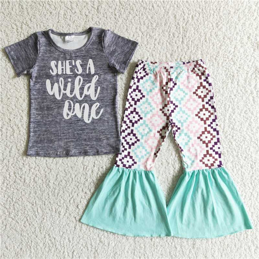 B14-24 Grey Short Sleeve Green Flared Trousers