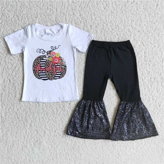 C4-14 Thanksgiving Leopard Pumpkin Top Black Sequin Trousers