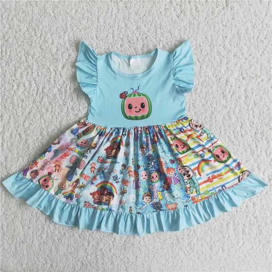 C13-19 New summer Blue stitching small flying sleeve large swing skirt