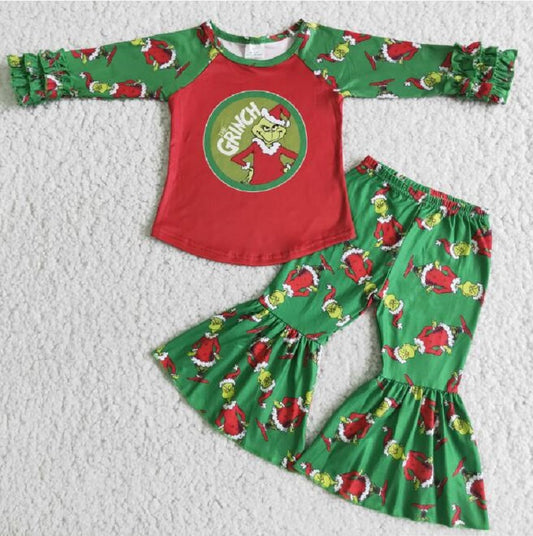6 A13-20  Cartoon  green long sleeve flared pants suit