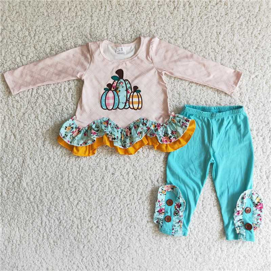 6 A2-28 Pumpkin Flower Top Plaid Ruffle Hem Trousers Set
