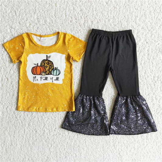 A2-12 Pumpkin Yellow Short Sleeve Top Black Sequin Pants set