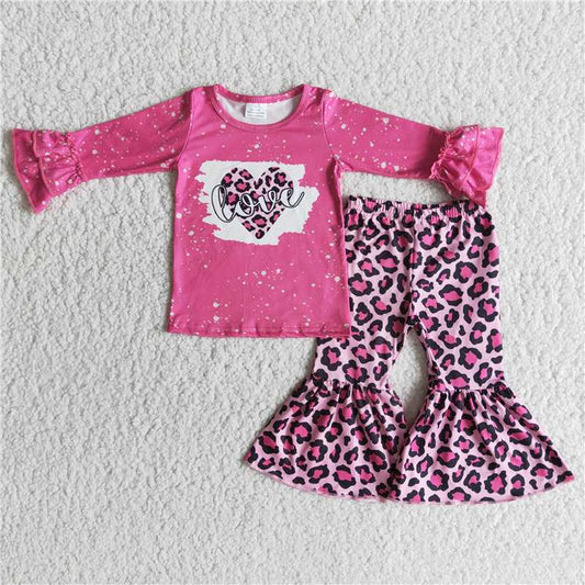 6 B9-25 Valentine's Day Leopard Print Rose Long Sleeve Flared Pants