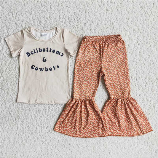 B14-13 cow boys grey letter top floral flared trousers