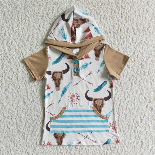 BT0003 Boys Short Sleeve Hooded Bull Head Button Feather Top T-shirt