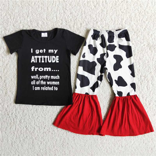 D12-20 Black Letter Cow Flared Trousers