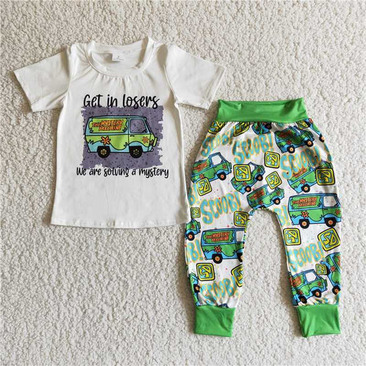 B9-28 Car White Short Sleeve Top Boys Trousers Set  D 3.1