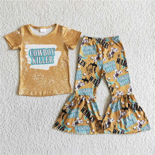 C3-28 COW Yellow Short Sleeve Flared Pants Set